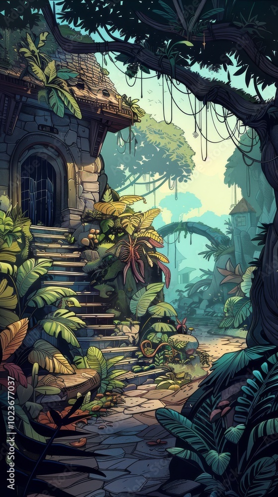 Fototapeta premium Realistic hand-drawn cartoon scene with detailed designs.