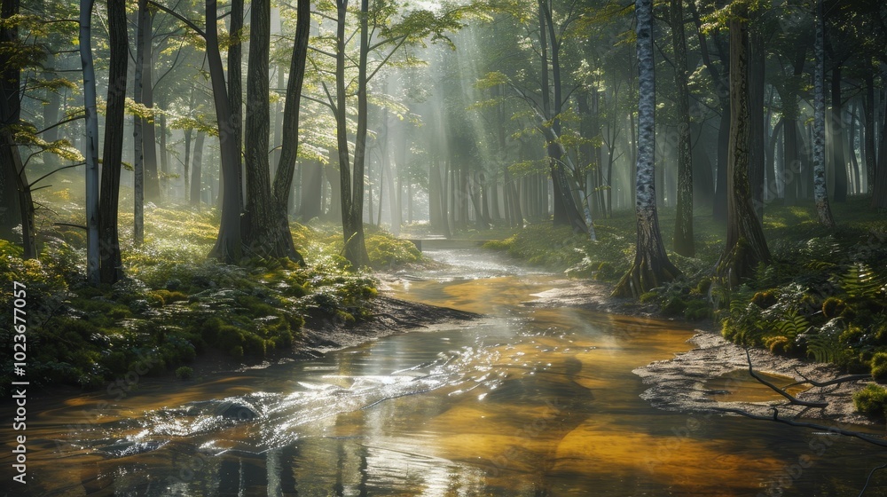 Fototapeta premium Enchanted Forest Sunlit Creek Serenity