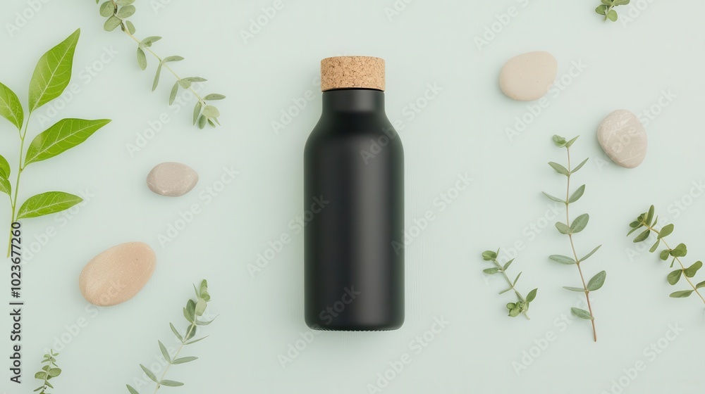 Matte-finished metal water bottle with a cork lid, surrounded by natural elements like plants and stones Matte-finished metal water bottle with a cork lid, surrounded by natural elements like plants and stones