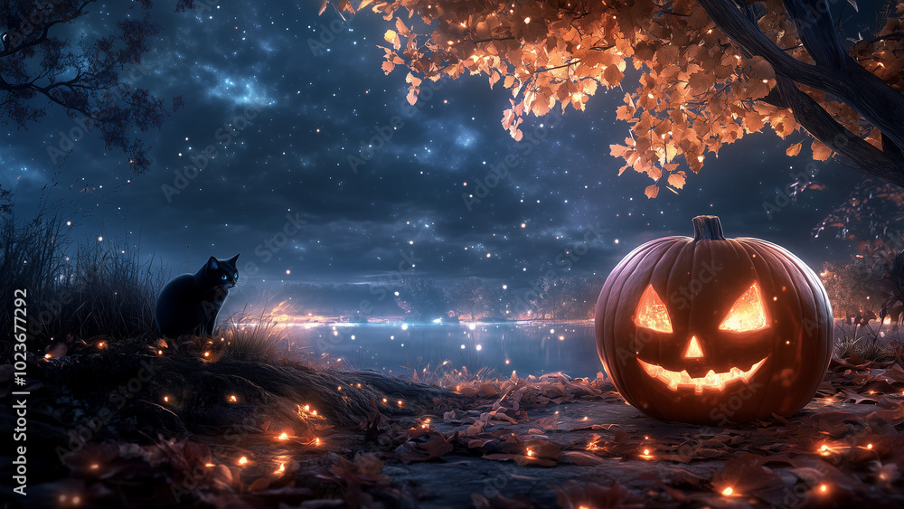 Naklejka premium Mystical Halloween Night , Black Cats and Jack-o'-Lanterns