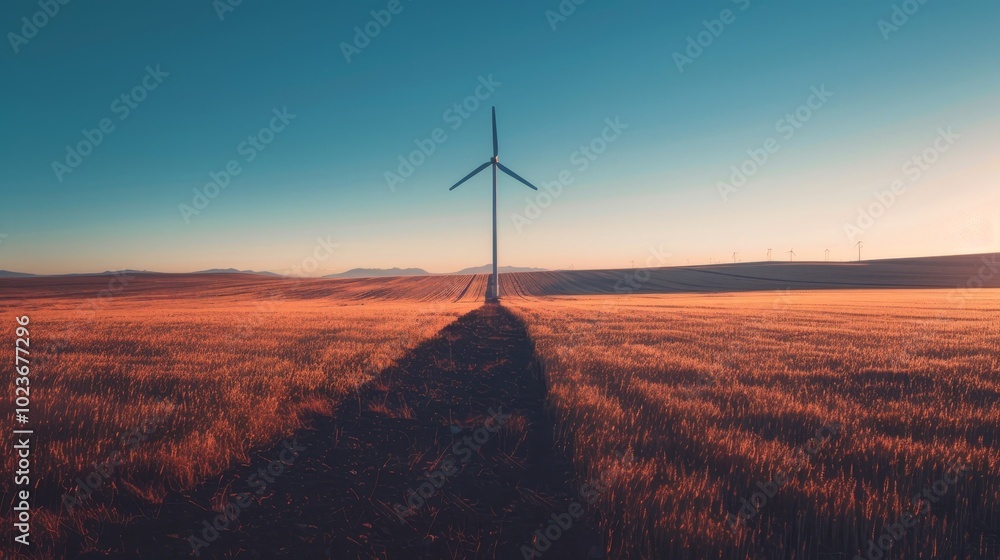 Obraz premium Solitary Sentinel Majestic Wind Turbine Silhouette in Golden Sunrise Field