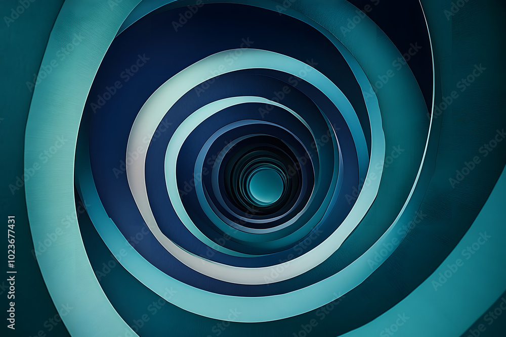 Fototapeta premium A mesmerizing spiral of navy green and emerald blue layers draws the eye inward towards a central void, creating a captivating visual effect