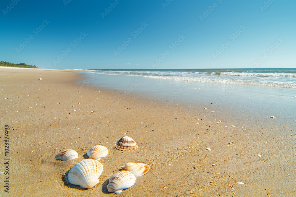 A beach with a few shells on the sand A beach with a few shells on the sand