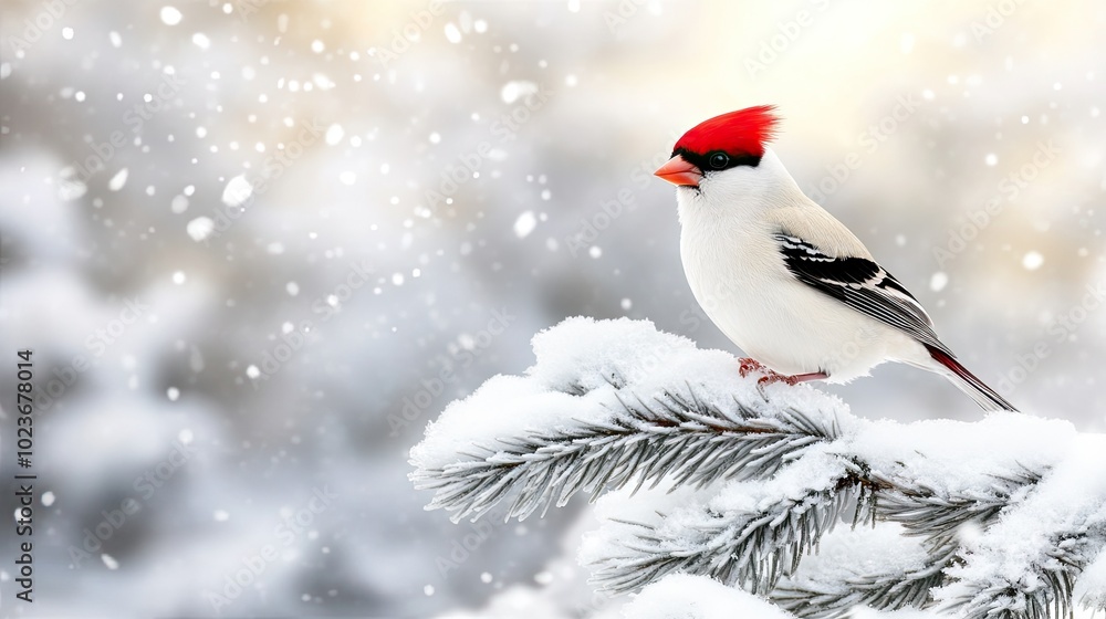 A charming red finch perches delicately on a snow-dusted pine branch amid frosty beauty in winter's embrace A charming red finch perches delicately on a snow-dusted pine branch amid frosty beauty in winter's embrace