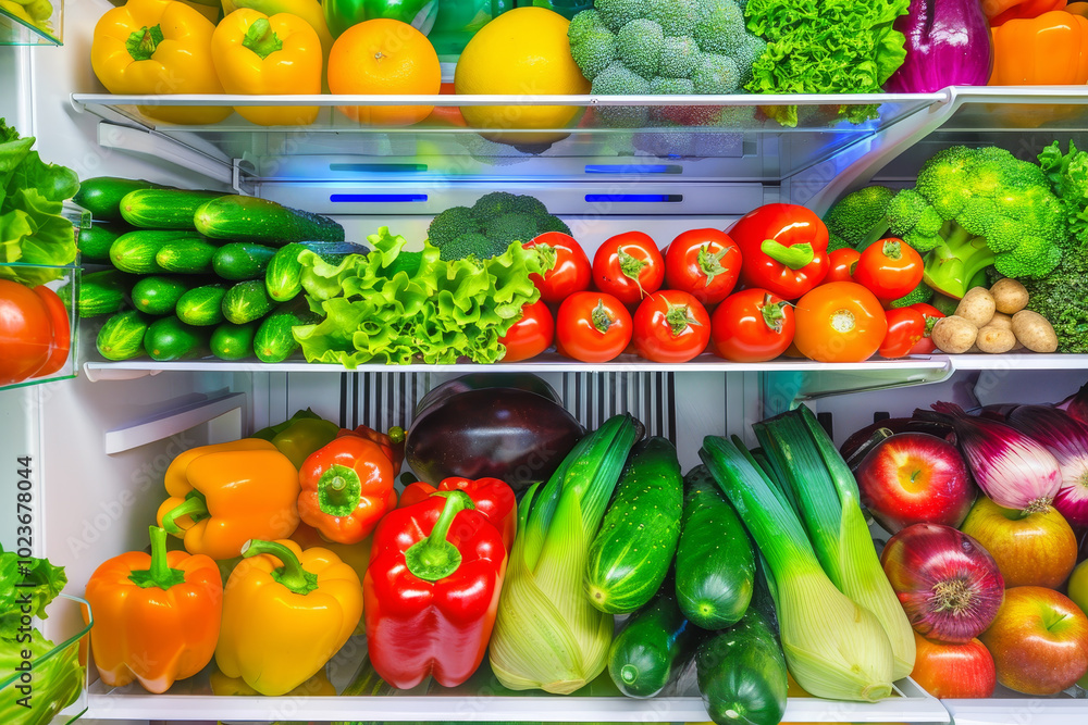A refrigerator is full of fresh vegetables and fruits A refrigerator is full of fresh vegetables and fruits