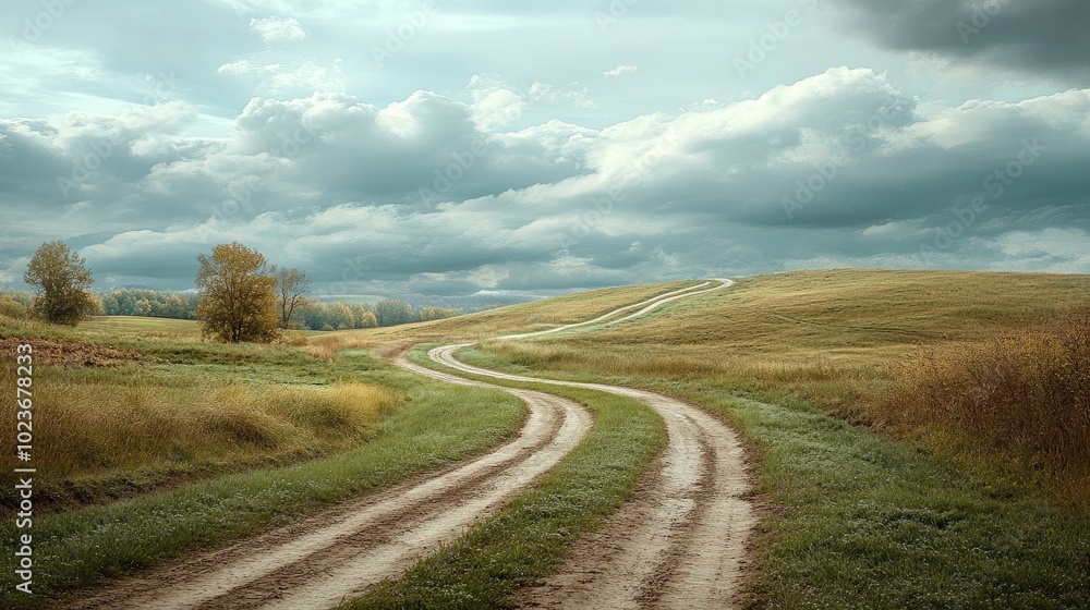 Serene countryside dirt road winding through rolling hills under cloudy skies, capturing a nostalgic rural landscape Serene countryside dirt road winding through rolling hills under cloudy skies, capturing a nostalgic rural landscape