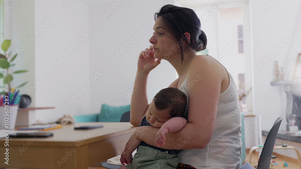 Fototapeta premium Mother gazes thoughtfully while holding her sleeping baby, lost in contemplation at the table, capturing the quiet, introspective moments of motherhood in a serene home environment