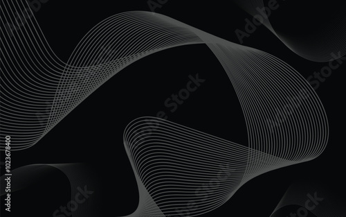 Grey abstract curved wavy lines on black background. The vector of Abstract black and white Waves on Dark Background. Dynamic wave pattern. 