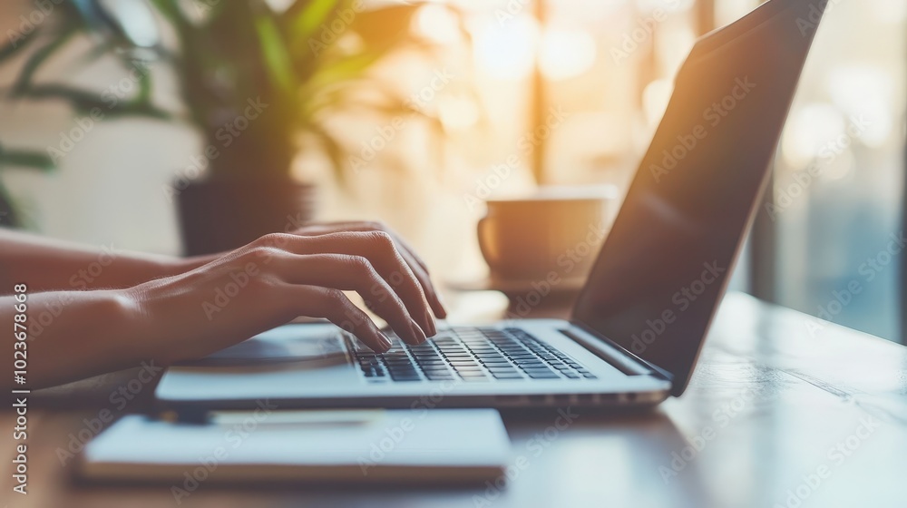 Person typing on a laptop at a wooden table with a coffee cup and plants in a sunlit room during afternoon Person typing on a laptop at a wooden table with a coffee cup and plants in a sunlit room during afternoon