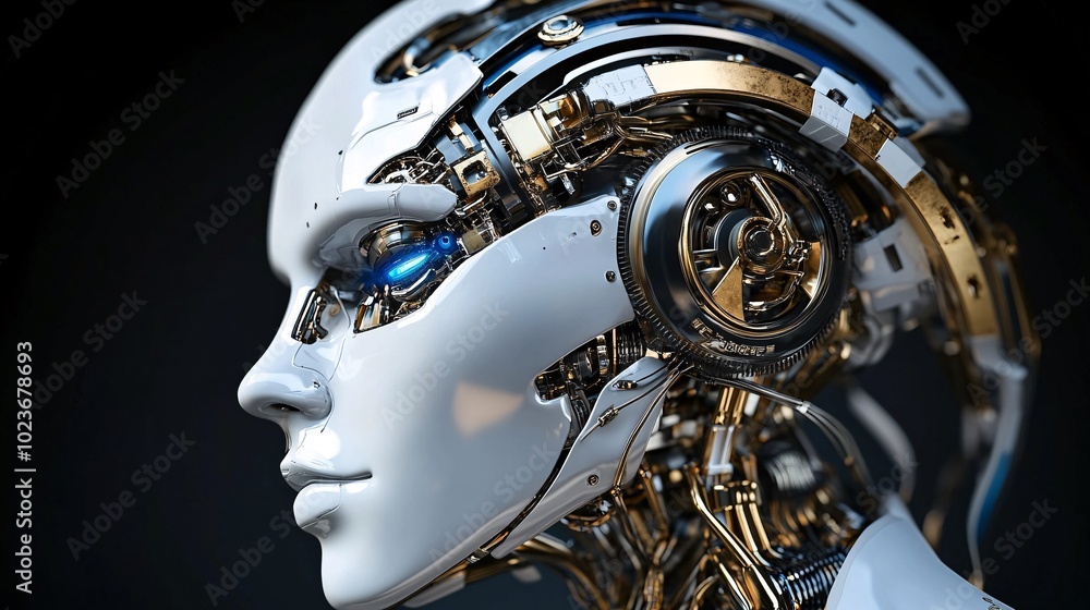 Futuristic Vision: Cybernetic robot head closeup futuristic humanoid with intricate mechanical details vivid circuits metallic glossy finish Futuristic Vision: Cybernetic robot head closeup futuristic humanoid with intricate mechanical details vivid circuits metallic glossy finish