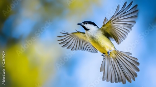 Green-backed Becard Bird Flying in Nature Under Blue Sky, Photo Realistic, Pattern Background, Wallpaper, Cover and Screen for Smartphone, PC, Laptop, 9:16 and 16:9 Format photo