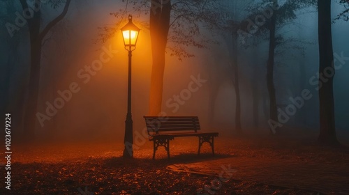 Solitary bench in a misty forest, lit by a warm street lamp