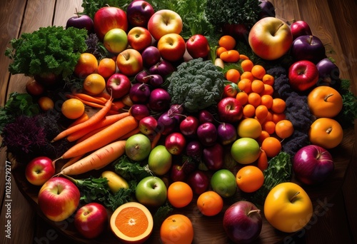 symmetrically arranged vibrant fruits vegetables showcasing colorful patterns textures visual delight culinary inspiration, abundant, arrangement, artwork