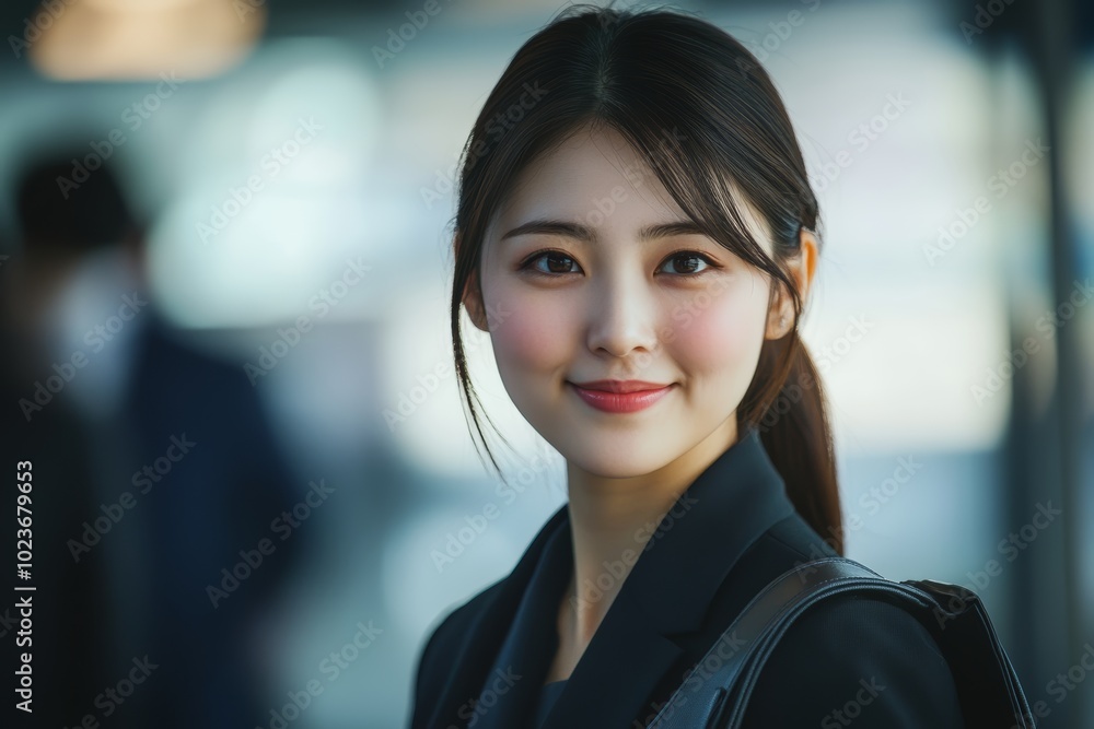 Obraz premium 駅で微笑む女性、朝の通勤時に見せる明るい表情と自信に満ちた姿
