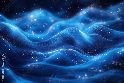 swirling blue particles gracefully float across a rich blue background creating a mesmerizing visual effect that draws the viewer into a dreamlike space