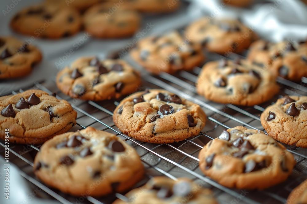 A tray of chocolate chip cookies on a cooling rack A tray of chocolate chip cookies on a cooling rack