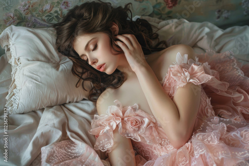 A woman in a pink dress is sleeping on a bed