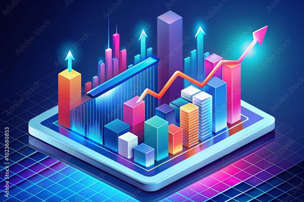 Fototapeta premium Colorful isometric illustration of growing sales graph, rising bars, and trending upwards arrows on a digital dashboard with minimalistic cityscape background and subtle shadows.