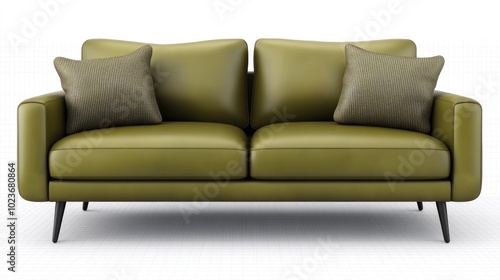 A polished olive leather sofa with two pillows in contrasting shades, spaced evenly on a transparent background, giving a sophisticated, earthy vibe.