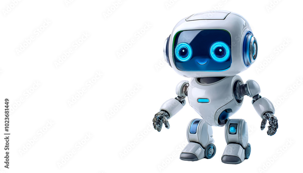Small, cute, cartoon robot with a square torso and head, legs - crawler walk and blue eyes, on white background Small, cute, cartoon robot with a square torso and head, legs - crawler walk and blue eyes, on white background