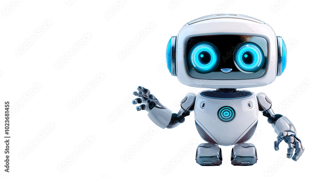 Small, cute, cartoon robot with a square torso and head, legs - crawler walk and blue eyes, on white background Small, cute, cartoon robot with a square torso and head, legs - crawler walk and blue eyes, on white background