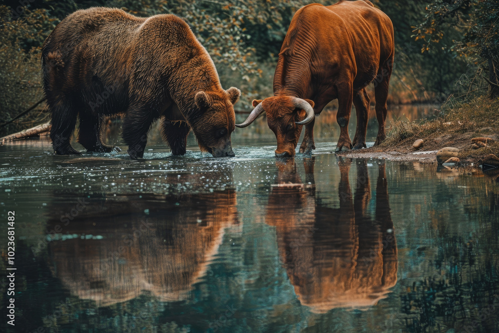 Two bears and a cow are drinking water from a river Two bears and a cow are drinking water from a river