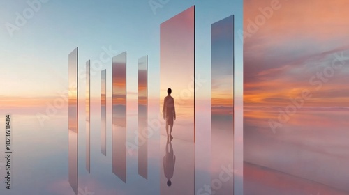 Mirrored panels reflect a vibrant sunset as a silhouette walks through an ethereal landscape, AI