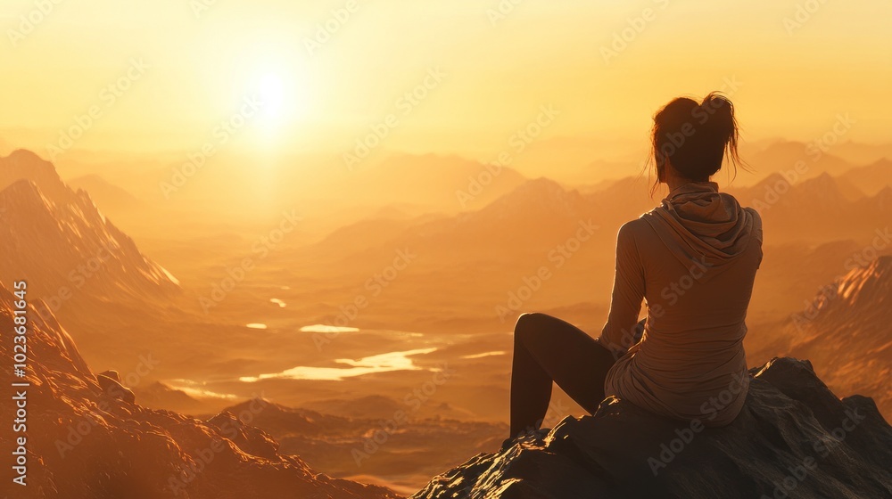 A person sitting on a rock, watching a sunset over mountains and valleys. A person sitting on a rock, watching a sunset over mountains and valleys.