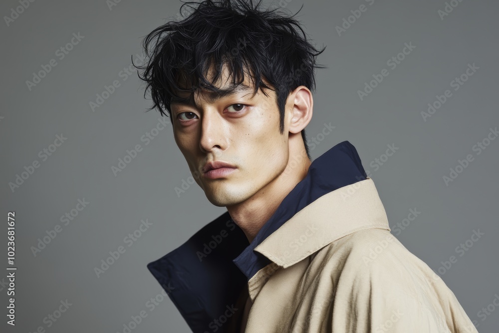 Fototapeta premium モデルがシンプルな背景でコートを着てポーズを取るファッション撮影の一瞬