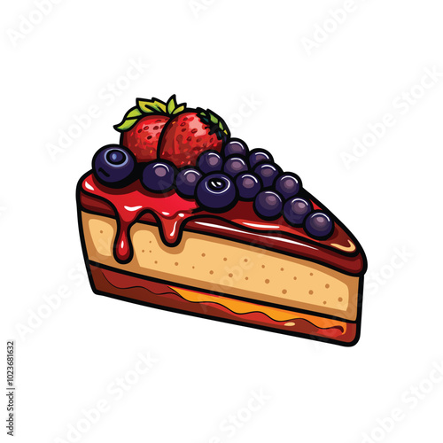 A decadent slice of cheesecake topped with fresh blueberries and a strawberry.