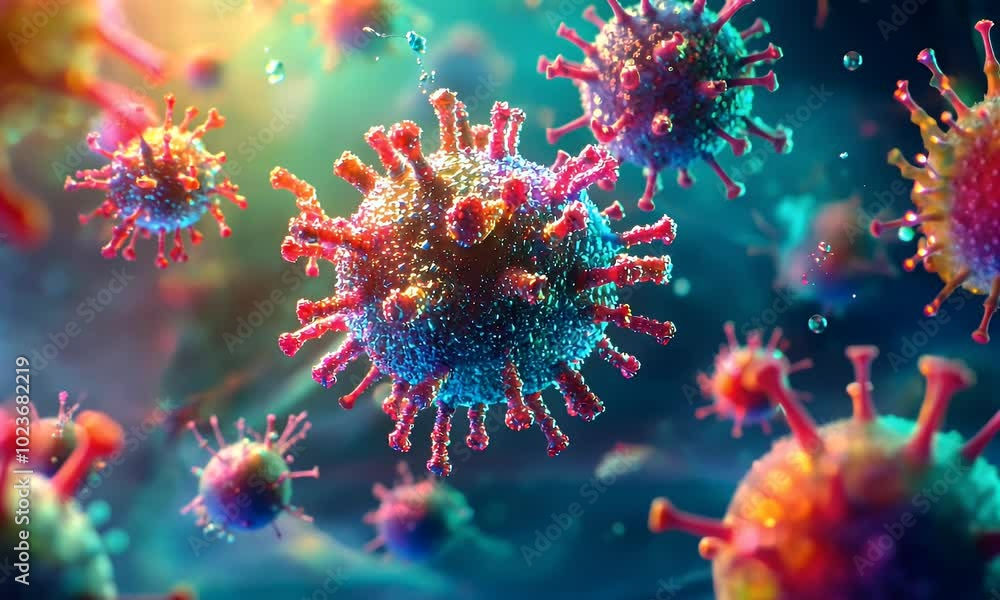 Colorful depiction of a virus in a microscopic view, showcasing its structure and features. Colorful depiction of a virus in a microscopic view, showcasing its structure and features.