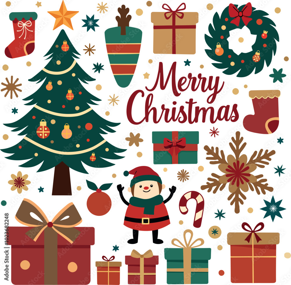 Merry Christmas element with Christmas tree gift box stocking wreath snowflake icon illustration isolated on white background Merry Christmas element with Christmas tree gift box stocking wreath snowflake icon illustration isolated on white background