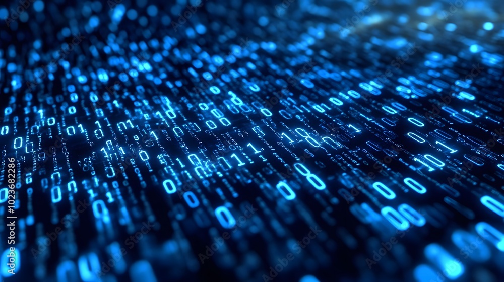 Digital binary code background with blue color, representing data and technology Digital binary code background with blue color, representing data and technology
