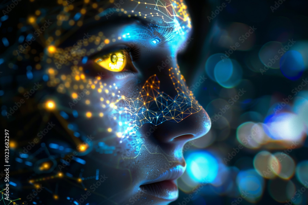 A woman's face is shown with a blue background and yellow eyes A woman's face is shown with a blue background and yellow eyes