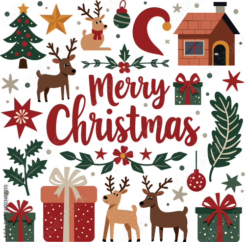Fotografie Merry Christmas element with reindeer Christmas gift box christmas tree Christma