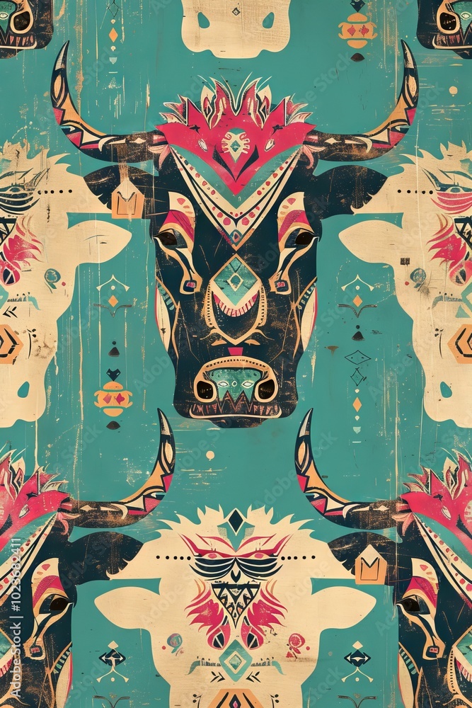Obraz premium A colorful abstract pattern featuring bulls with tribal elements in teal and pink tones, perfect for modern decor and design projects.