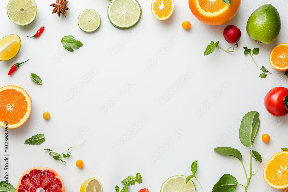 A colorful fruit and vegetable arrangement with a white background A colorful fruit and vegetable arrangement with a white background