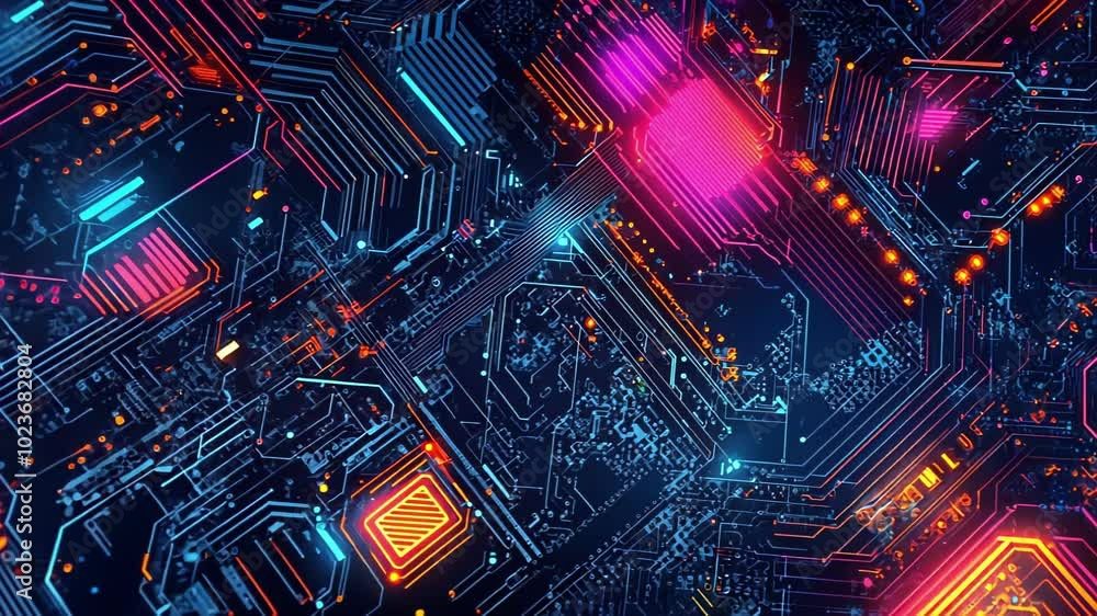 A vibrant, abstract representation of digital circuits and technology.