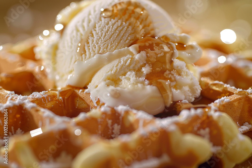 A waffle with ice cream and syrup on top photo