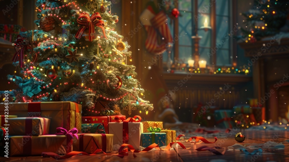 Christmas Tree with Presents and Festive Lights Christmas Tree with Presents and Festive Lights