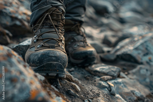 A person is standing on a rocky surface wearing boots