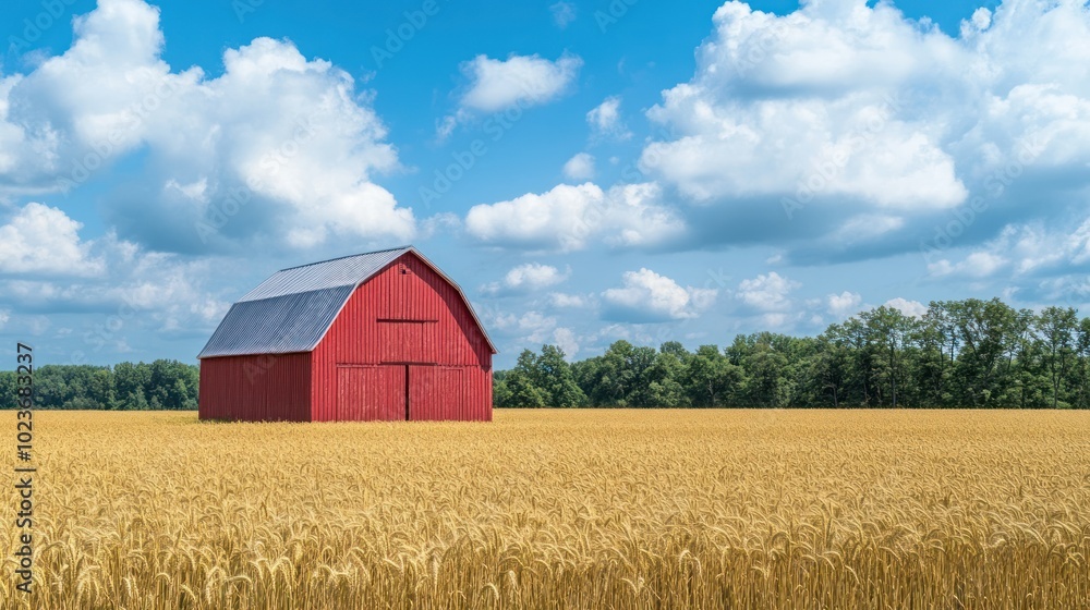Red Barn in a Golden Field with a Blue Sky and White Clouds Red Barn in a Golden Field with a Blue Sky and White Clouds
