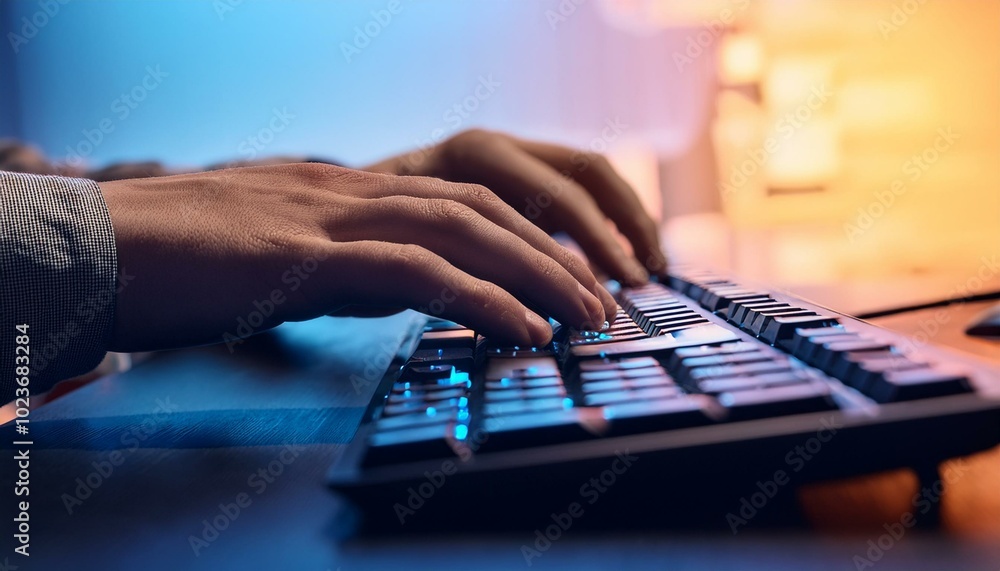 Closeup view of a pair of hands typing on a computer keyboard with lighting; selective focus; blurred background Closeup view of a pair of hands typing on a computer keyboard with lighting; selective focus; blurred background