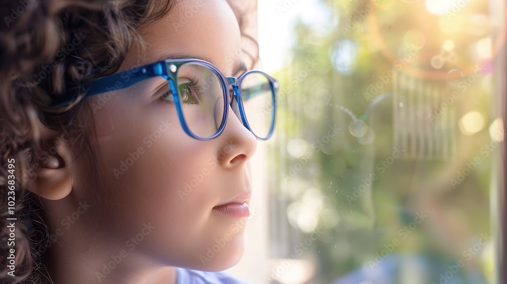 Young child wearing blue glasses focusing on distant tree outside window, symbolizing myopia prevention and importance of outdoor activities. Young child wearing blue glasses focusing on distant tree outside window, symbolizing myopia prevention and importance of outdoor activities.