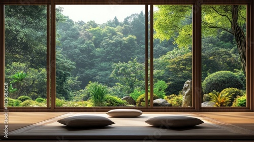 Zen meditation room with large windows offering a view of a lush garden photo