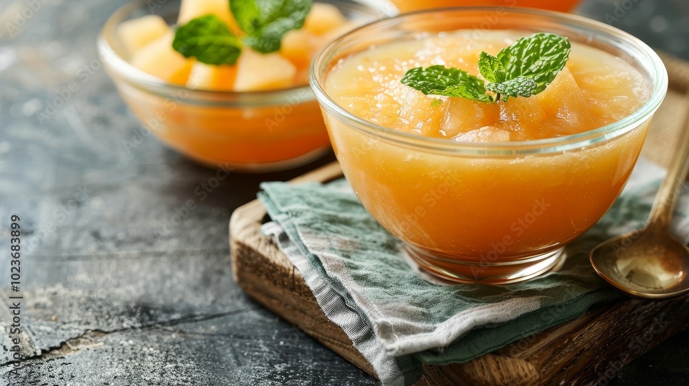 Frosty Delights Refreshing Cantaloupe Soup with Mint Garnish Frosty Delights Refreshing Cantaloupe Soup with Mint Garnish