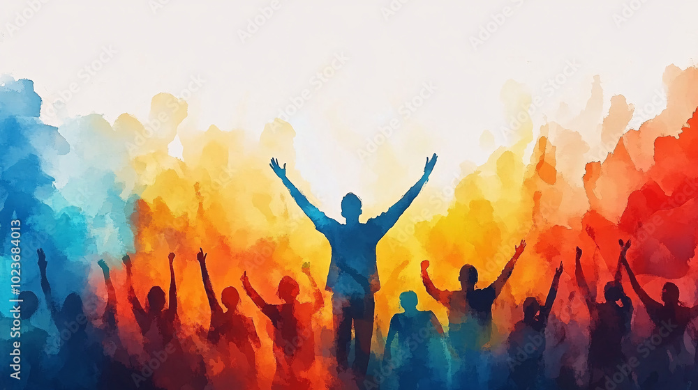 A diverse crowd celebrates with arms raised in joyous movement against a vibrant watercolor background. It exudes an uplifting and exhilarating mood, evoking a sense of community and celebration. A diverse crowd celebrates with arms raised in joyous movement against a vibrant watercolor background. It exudes an uplifting and exhilarating mood, evoking a sense of community and celebration.