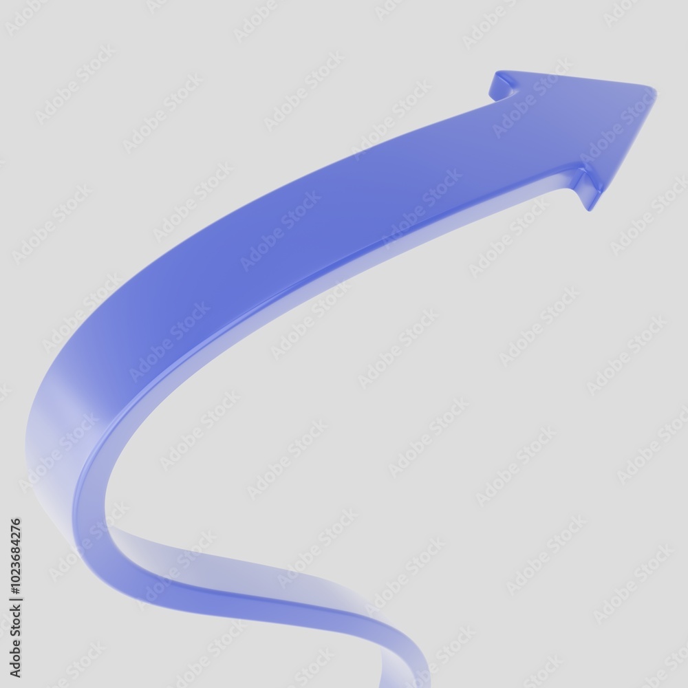 Abstract 3D figure of a blue curved arrow pointing upwards on a white background. Symbolizes growth, progress, or upward direction. Ideal for use in business presentations, infographics, and design Abstract 3D figure of a blue curved arrow pointing upwards on a white background. Symbolizes growth, progress, or upward direction. Ideal for use in business presentations, infographics, and design