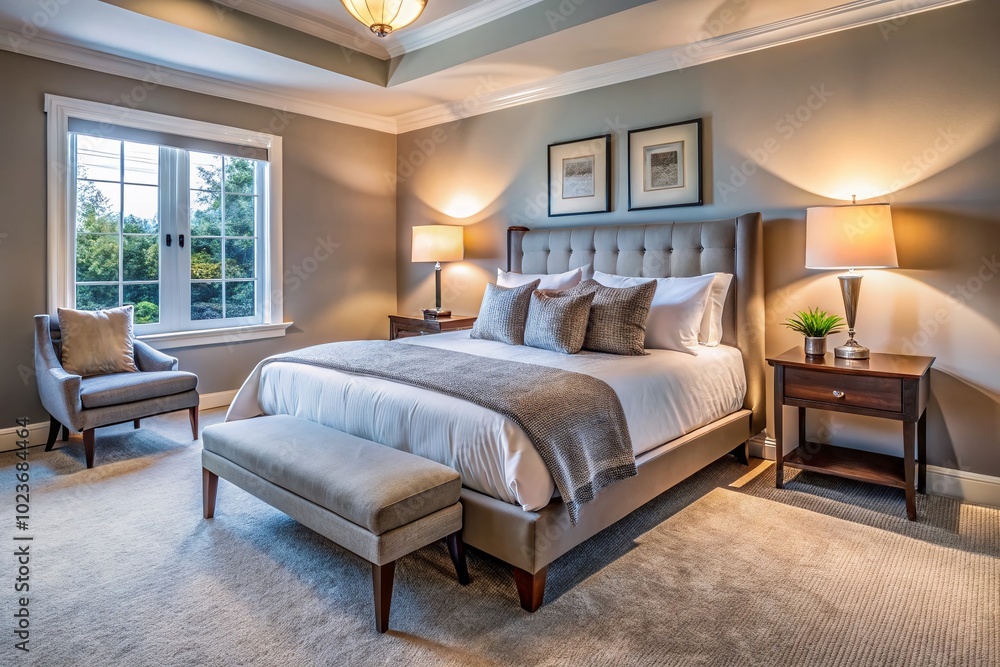Cozy guest bedroom with plush carpet, soft gray walls, and inviting king-size bed adorned with crisp white linens and pillows, warm lamp lighting ambiance.