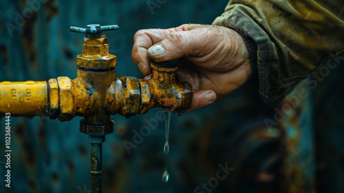 Empowering Change Hand Turning Off Dripping Oil Valve Symbol of Sustainability and Renewable Energy Transition